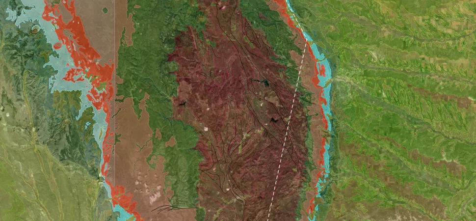 The Black Hills: satellite imagery with Macrostrat's geologic map over it